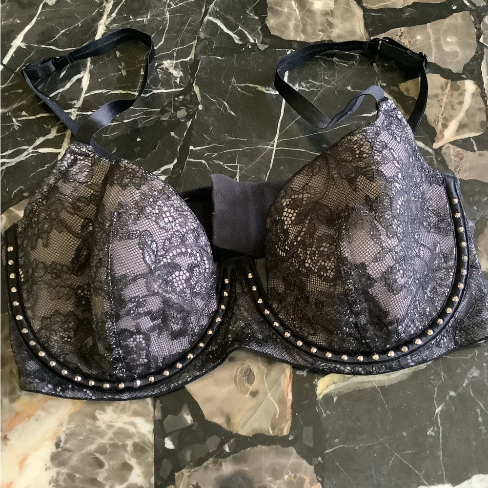 Victoria Secret very sexy black metallic lace studded balconet bra size 36C